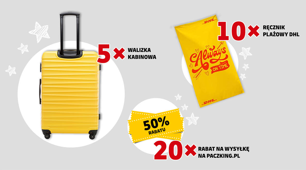 5x walizka kabinowa, 10x ręcznik plażowy z logo DHL oraz 20x rabat 50% na wysyłkę paczki na PaczKING.pl.
